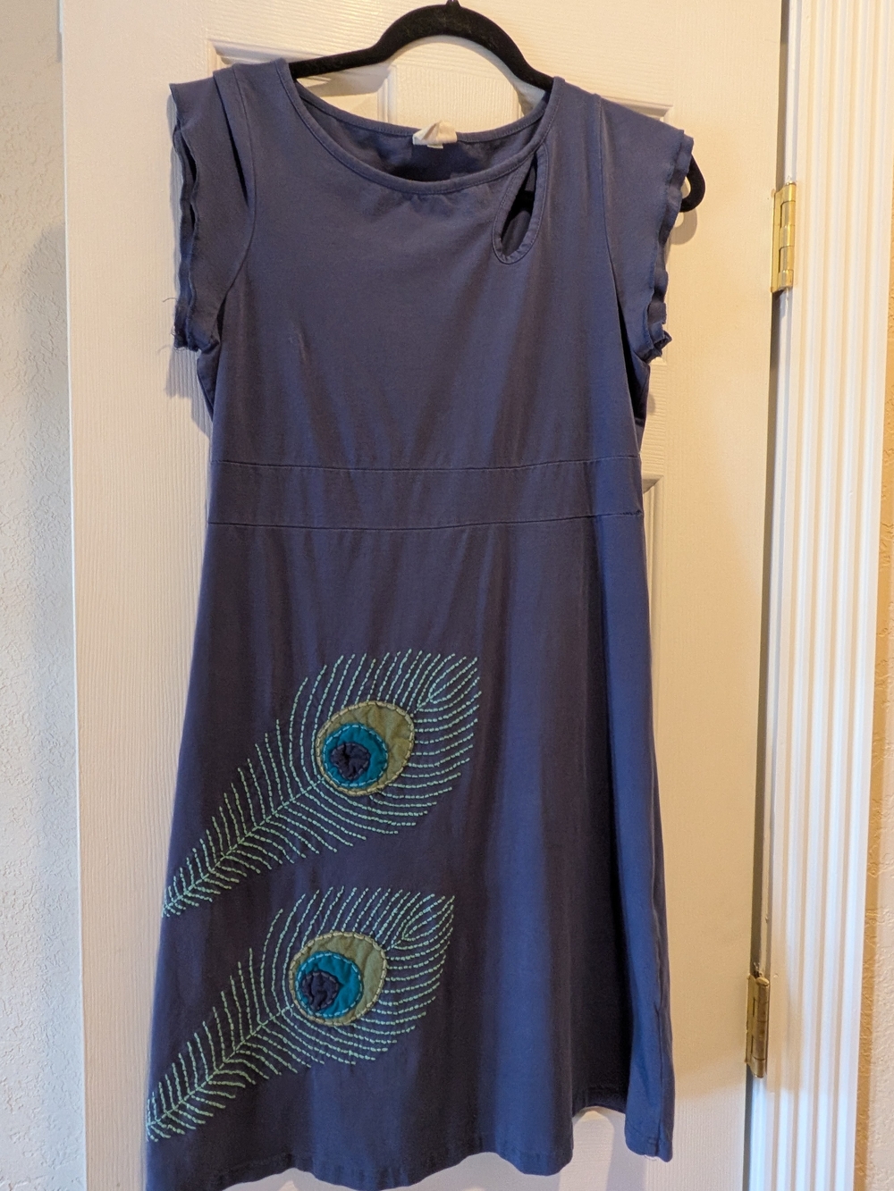 Synergy Organic Clothing Blue Sleeveless Midi Dress with Peacock Embroidery